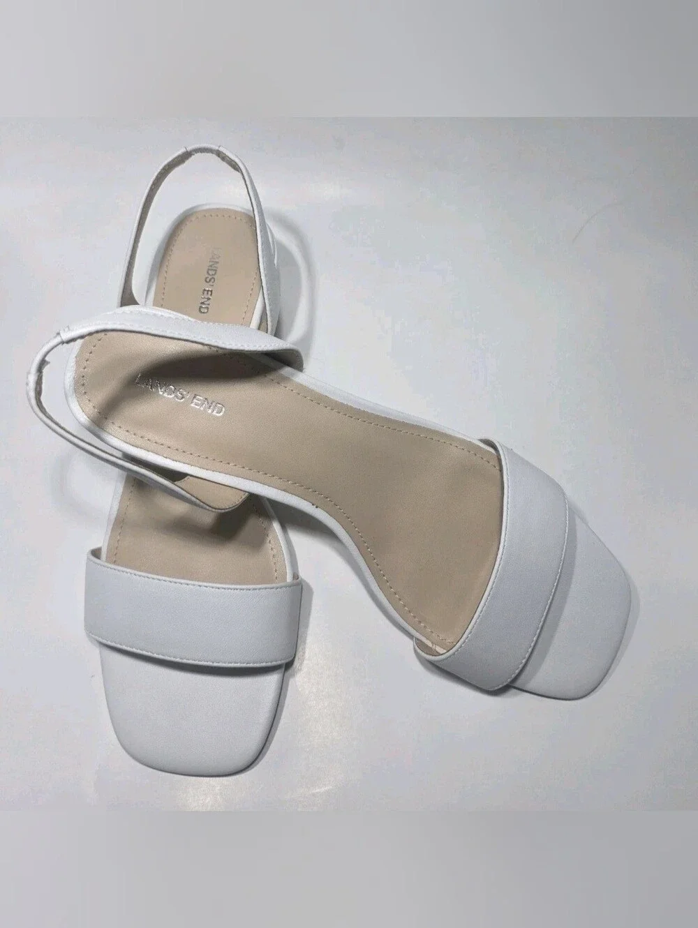 Lands’ End Women’s White Leather Slide Sandals Size Us 9 Mid Block Heel Slip On